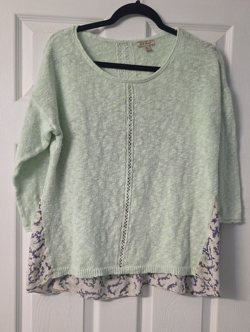 Lucky Brand Mint Green Knit Crewneck Sweater with Printed Hem